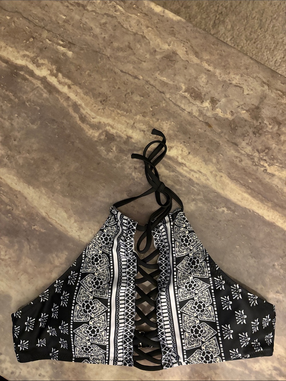 COCOSHIP Black and White Lace-Up Halter Swim Cami